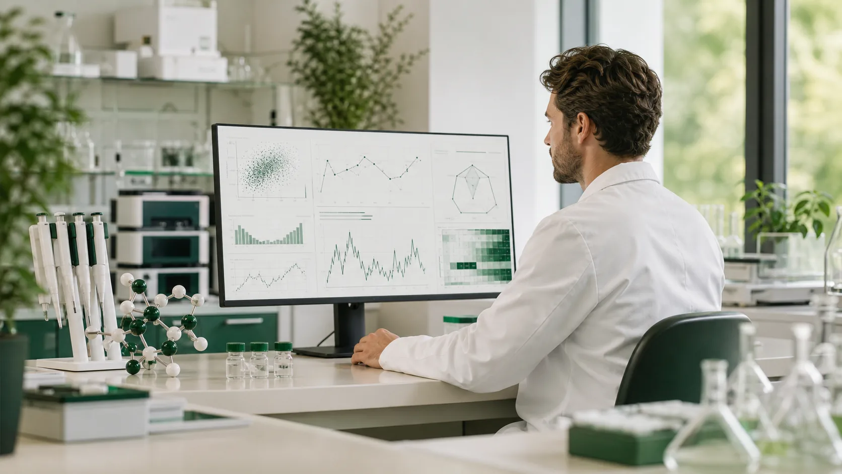 Researcher reviewing body composition analysis in a modern analytical laboratory