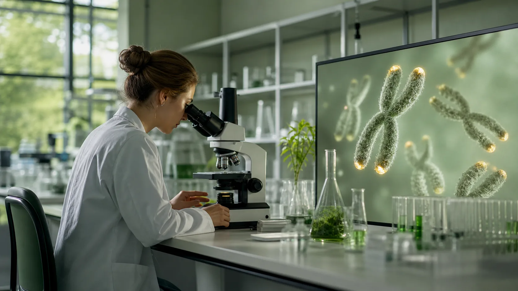 Researcher examining chromosome-end markers with microscopy