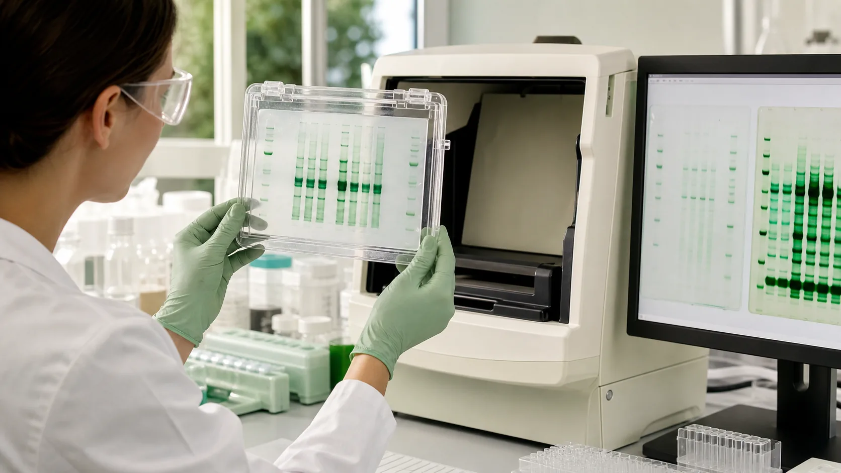 Researcher reviewing protein bands from an electrophoresis assay