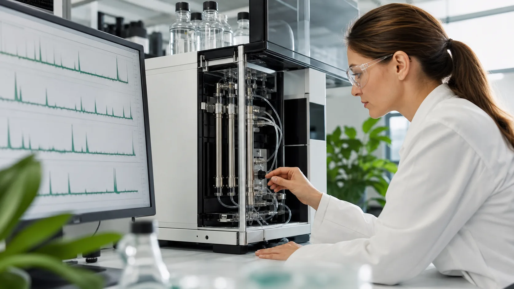 Researcher inspecting HPLC columns and chromatogram traces