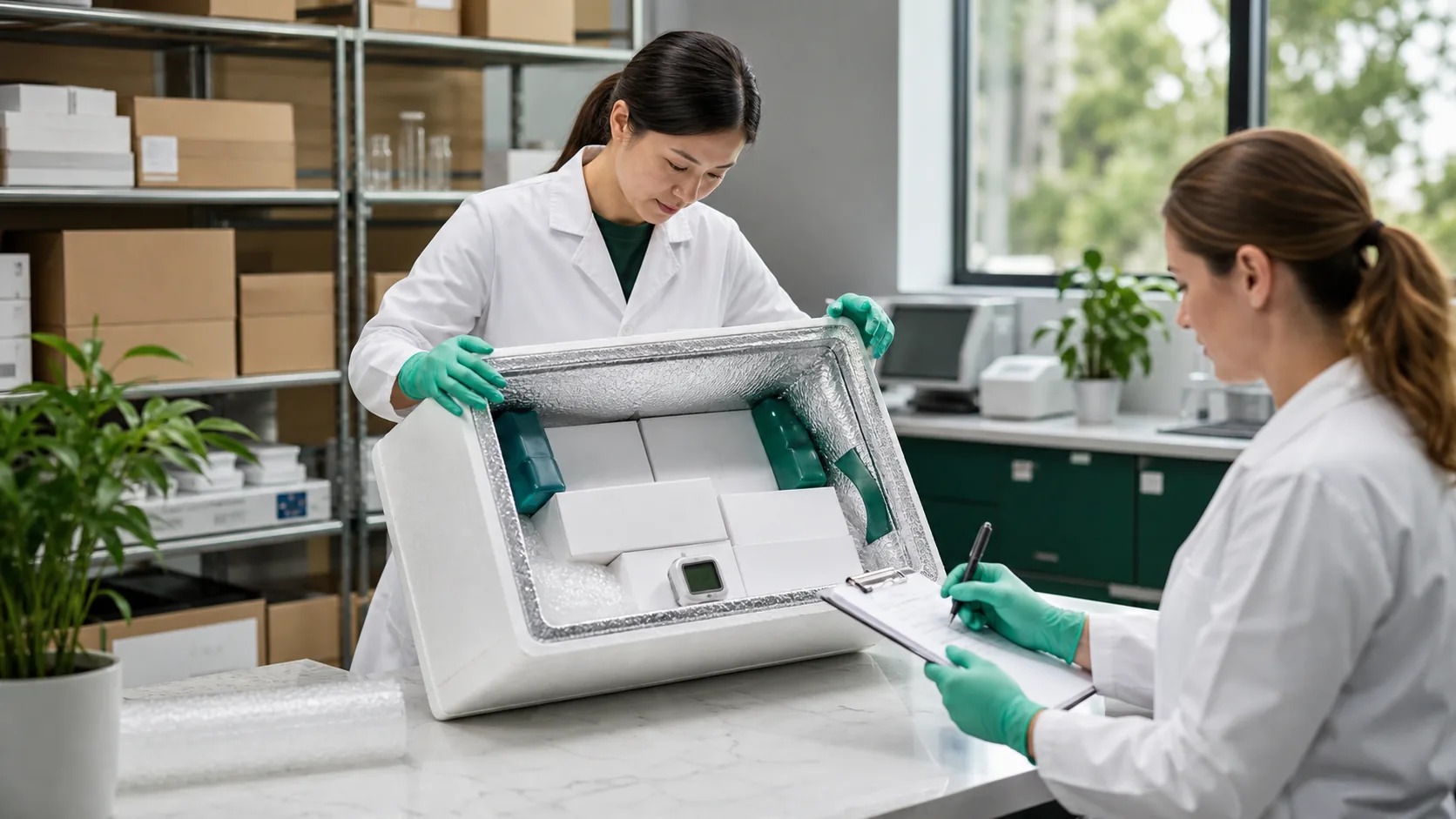 Scientists inspecting an insulated cold-chain research shipment