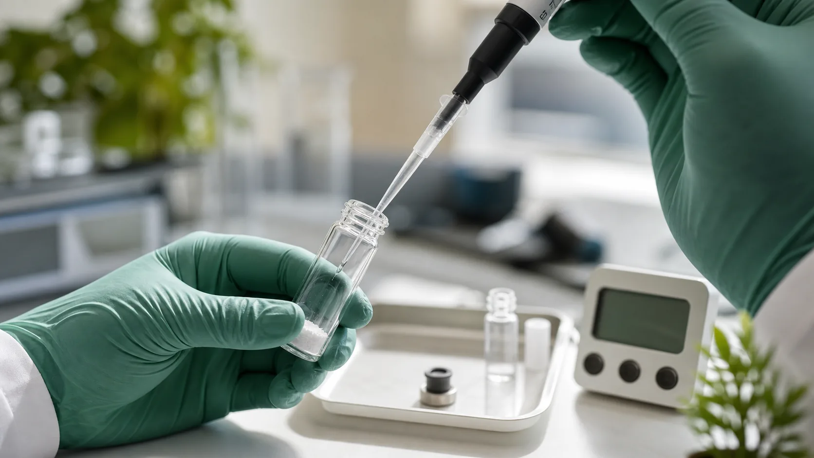 Micropipette adding sterile diluent to a lyophilized research sample