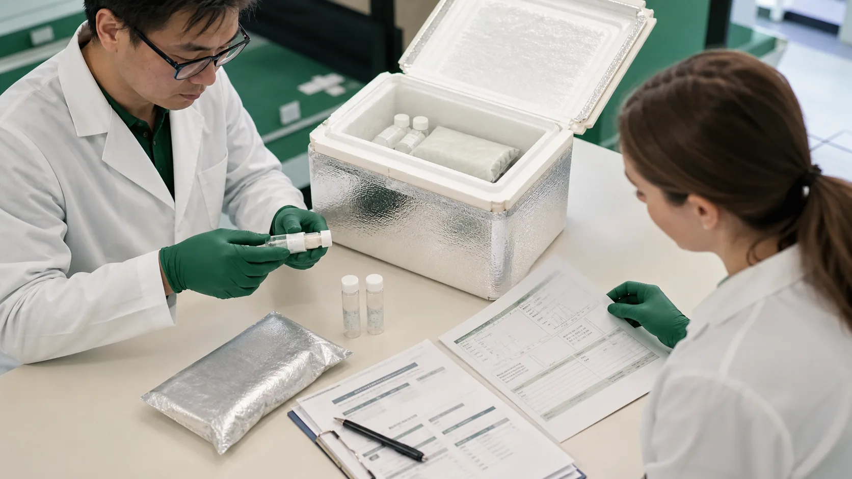 Scientists inspecting cold-chain packaging and analytical documentation
