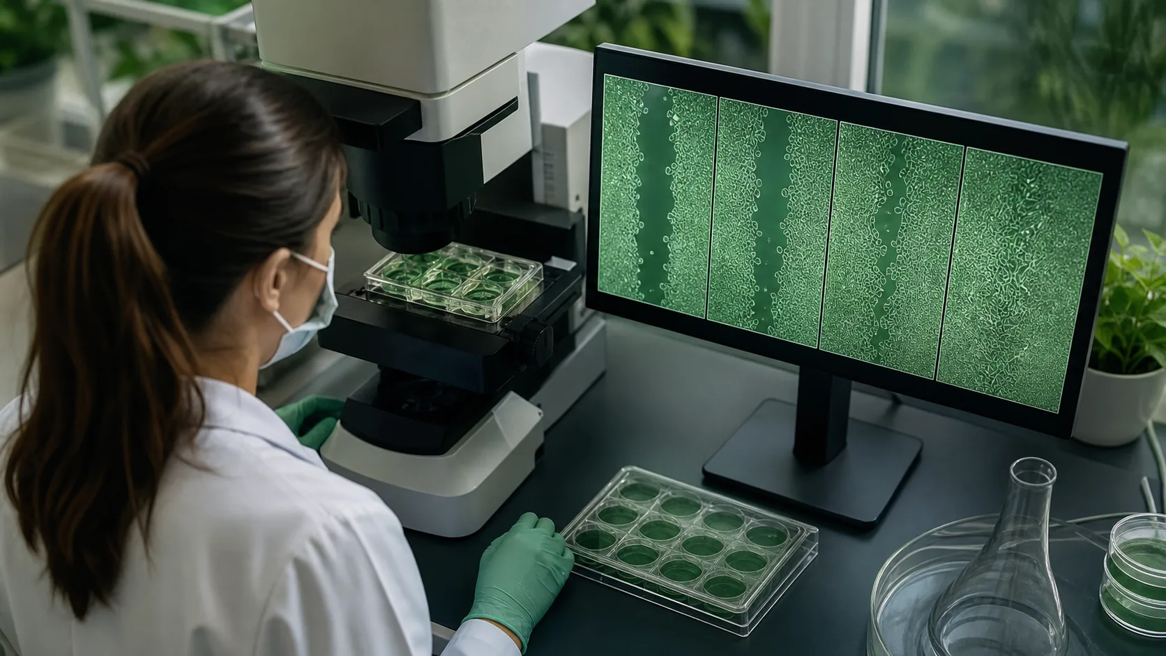 Researcher reviewing a time-series cell-migration assay